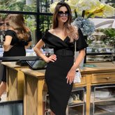 Vestido midi de vendaje con cuello en V, manga corta y cinturón PP211130